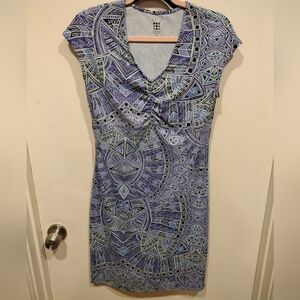 Title Nine Women's Blue Geometric Print Athletic V-Neck Midi Dress Sz S-Golf